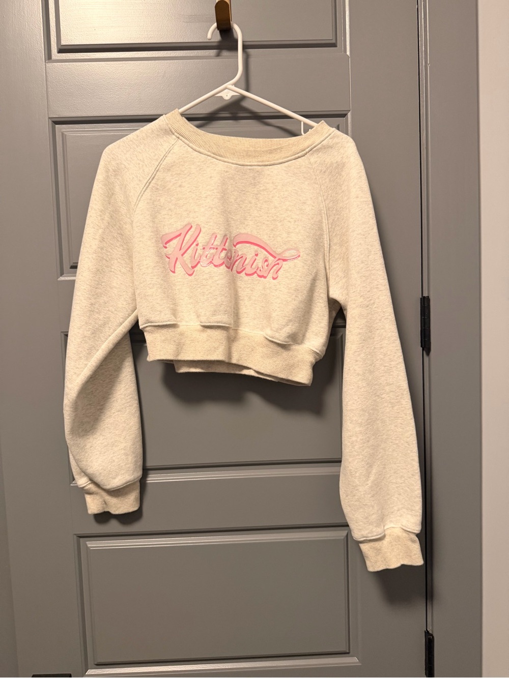 Kittenish Babe Cream Cropped Sweatshirt with Pink Script Logo XL